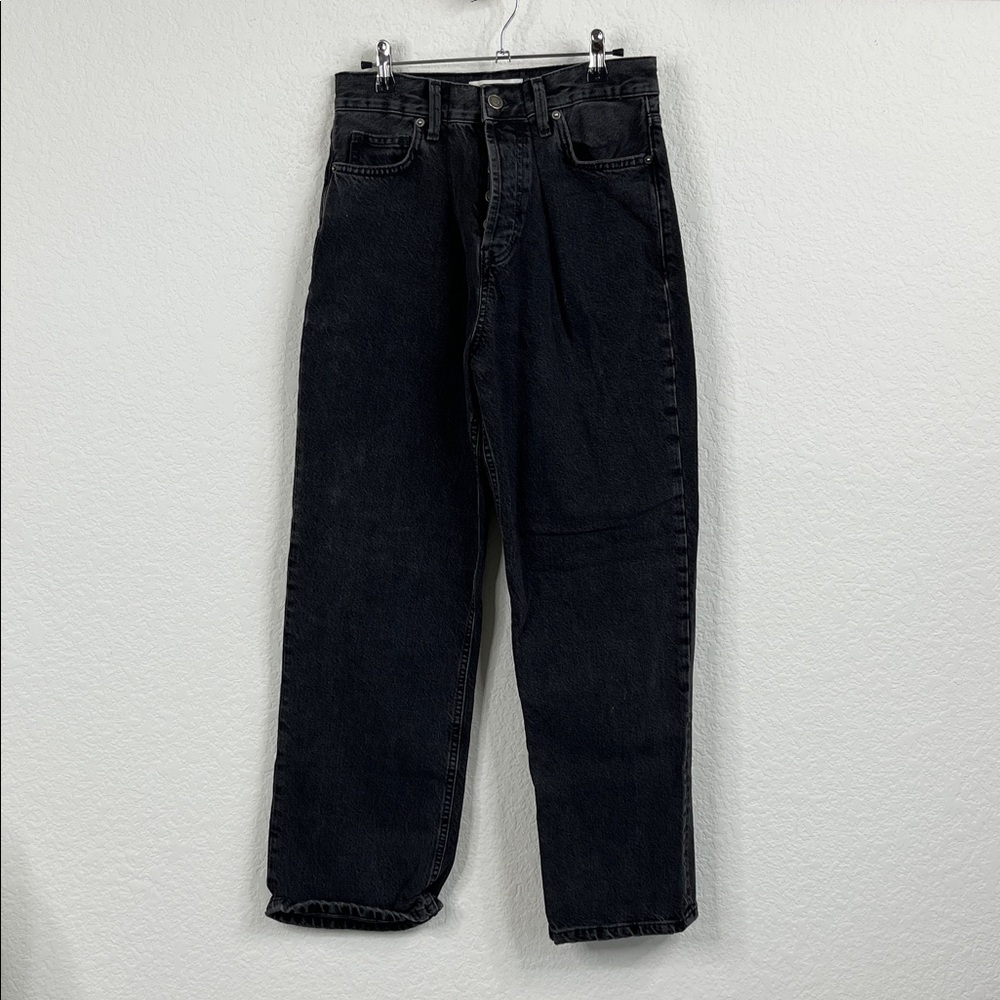 Zara Pleated High Rise Gray Button Fly Relaxed Jeans